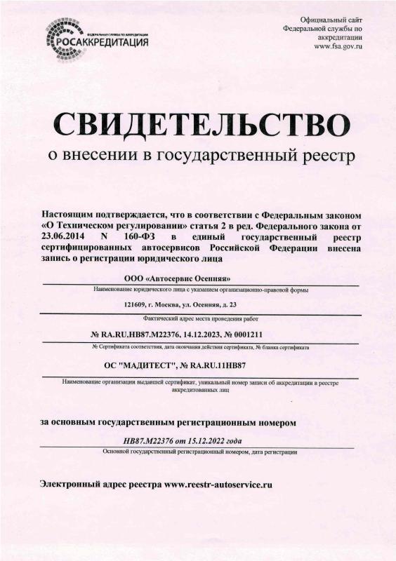Свидетельство о внесении в государственный реестр